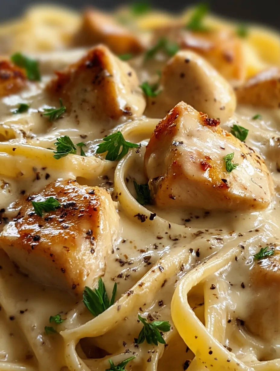 Pasta and chicken together on a plate with creamy sauce.
