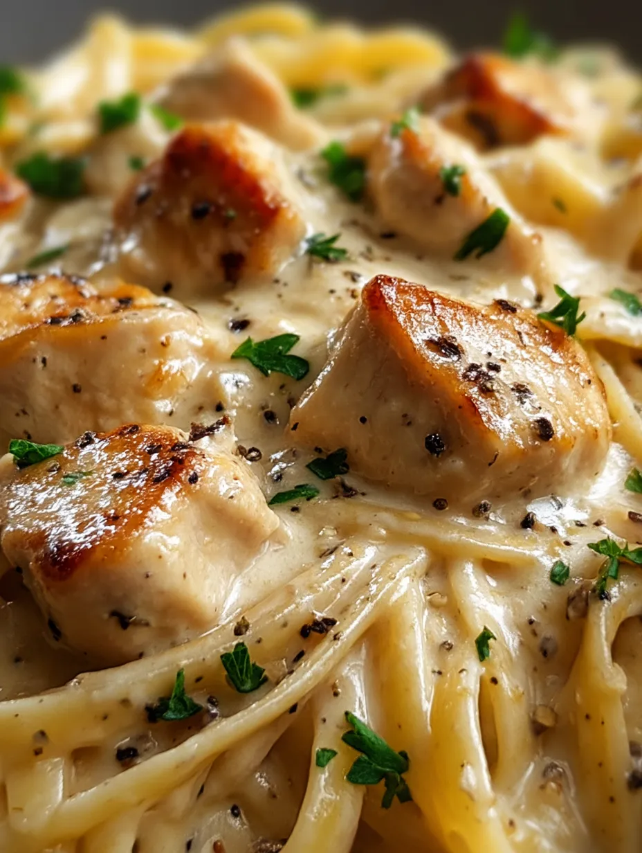 A plate full of chicken and pasta topped with creamy sauce.