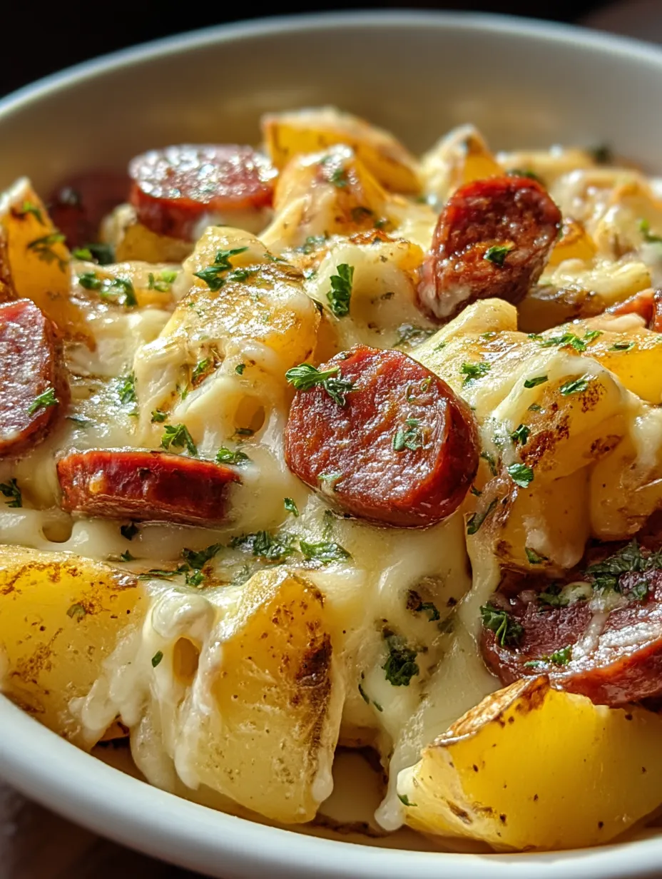 A plate of food with sausage and potatoes.