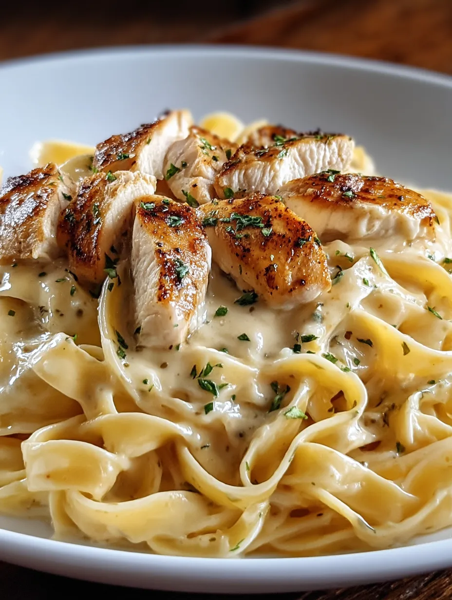 A plate piled with noodles and chicken pieces.