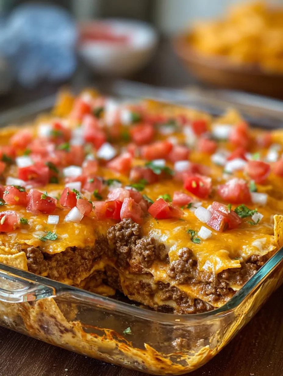 Cheesy nacho-style casserole with tomatoes.