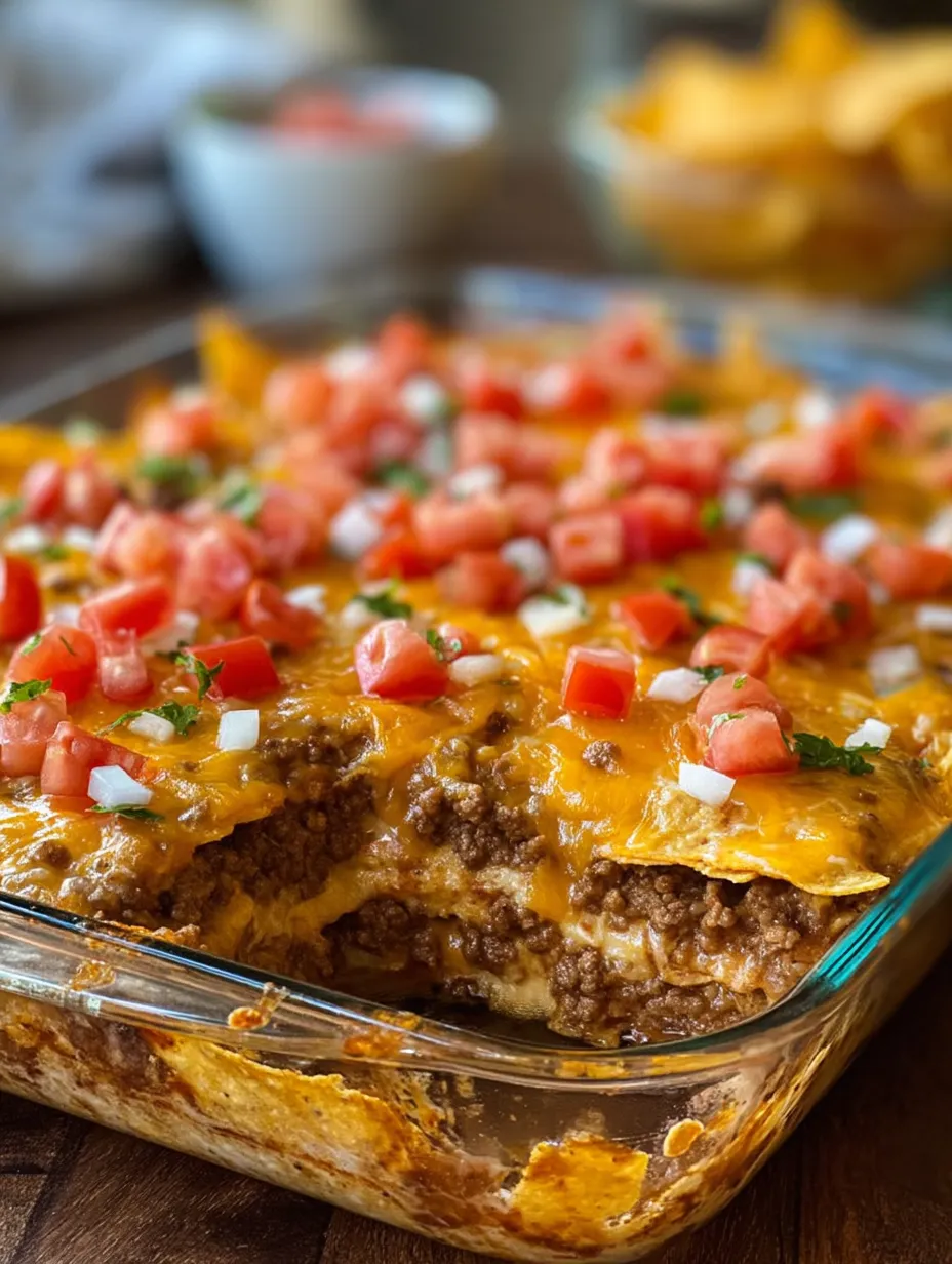 A cheesy Tex-Mex casserole with tomatoes on top.