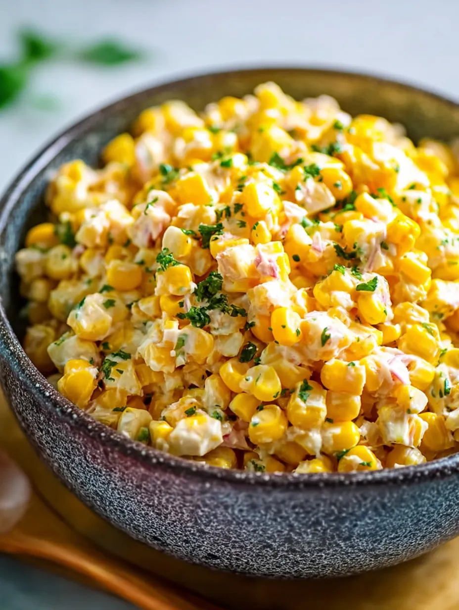 Corn salad with greenery sprinkled on top in a white bowl.