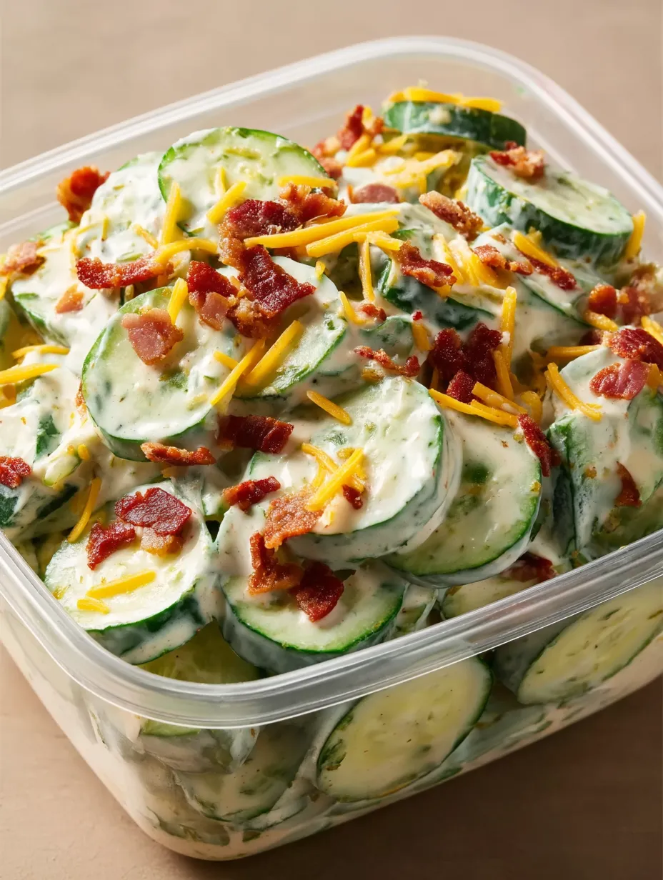 Container showing salad with bacon and cheddar.