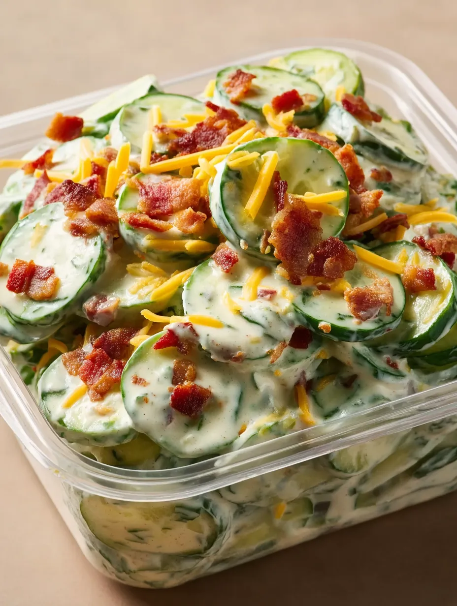 Container with cucumber salad full of cheese and bacon.