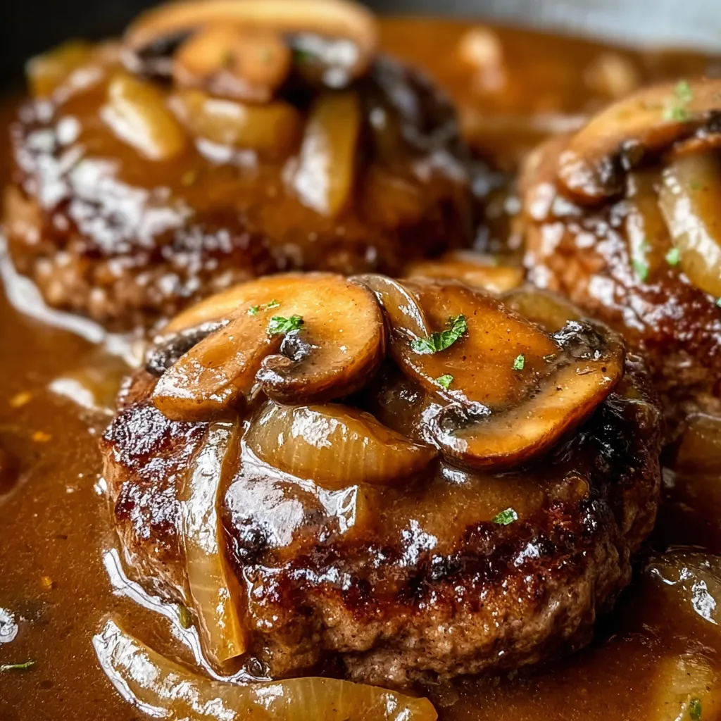 Tender beef patties covered with brown sauce and mushrooms.