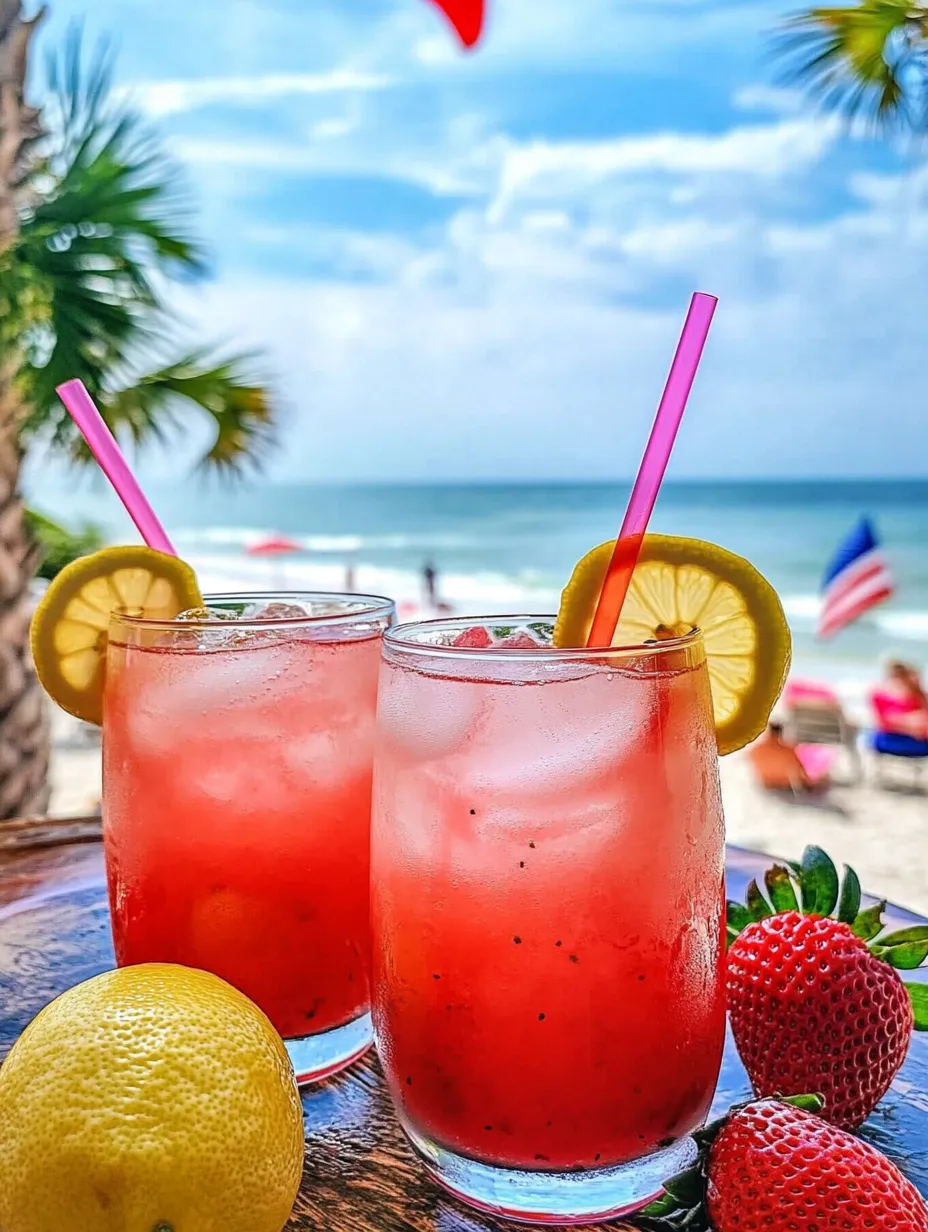 Strawberry pink lemonade in two glasses surrounded by fresh lemons and strawberries.