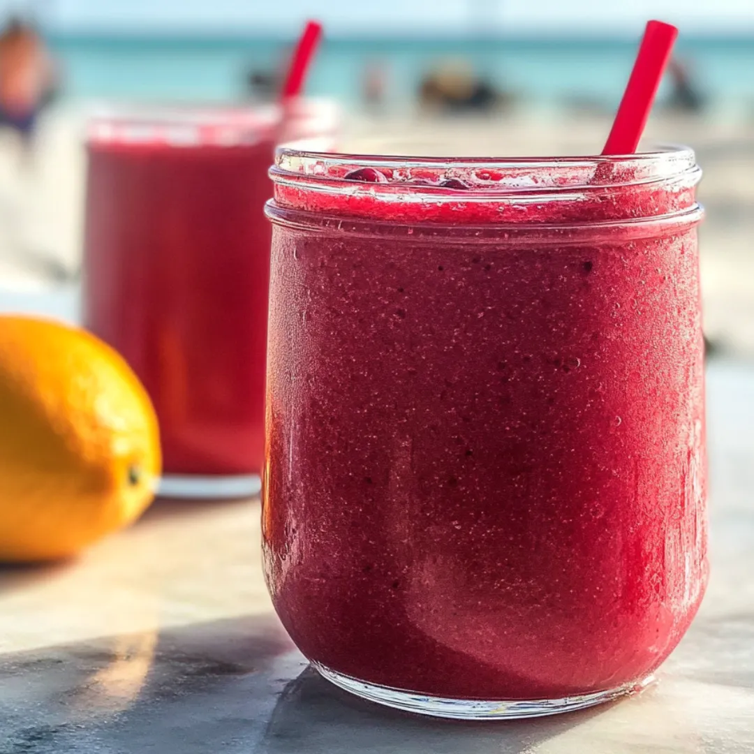 Tall glass filled with bright red juice, a lemon sitting nearby.