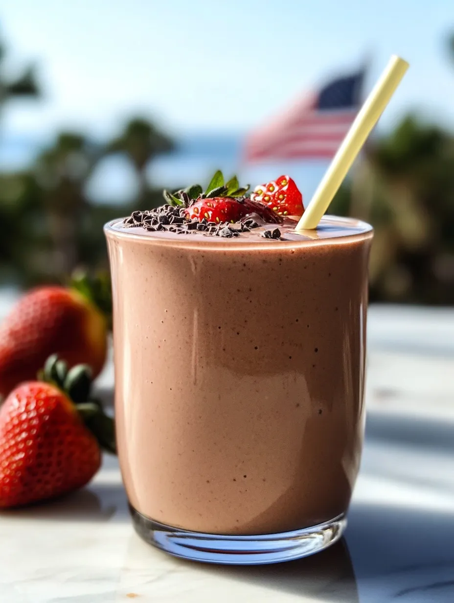 A tall glass packed with chocolate milk and topped with strawberries.