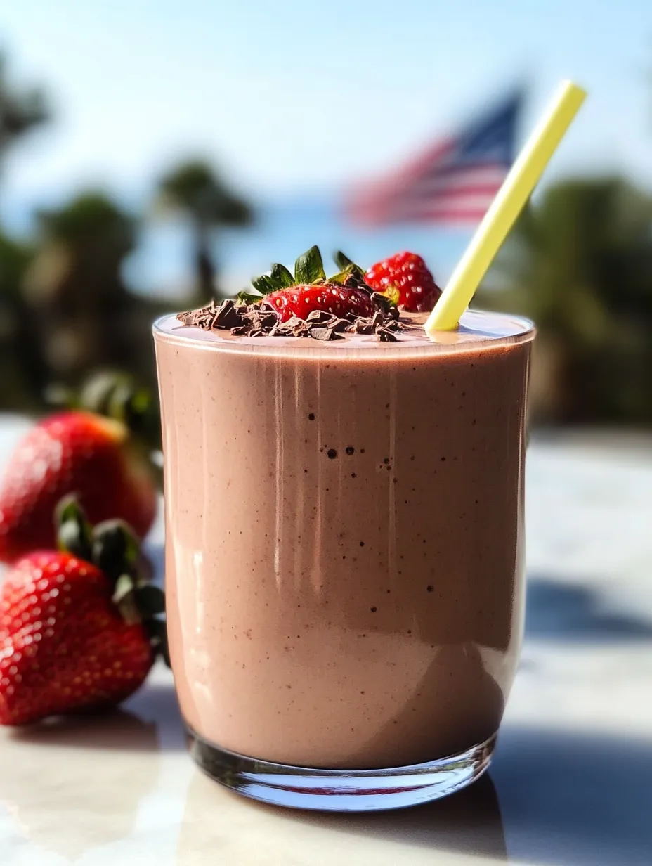 A tall glass packed with chocolate milk and topped with strawberries.