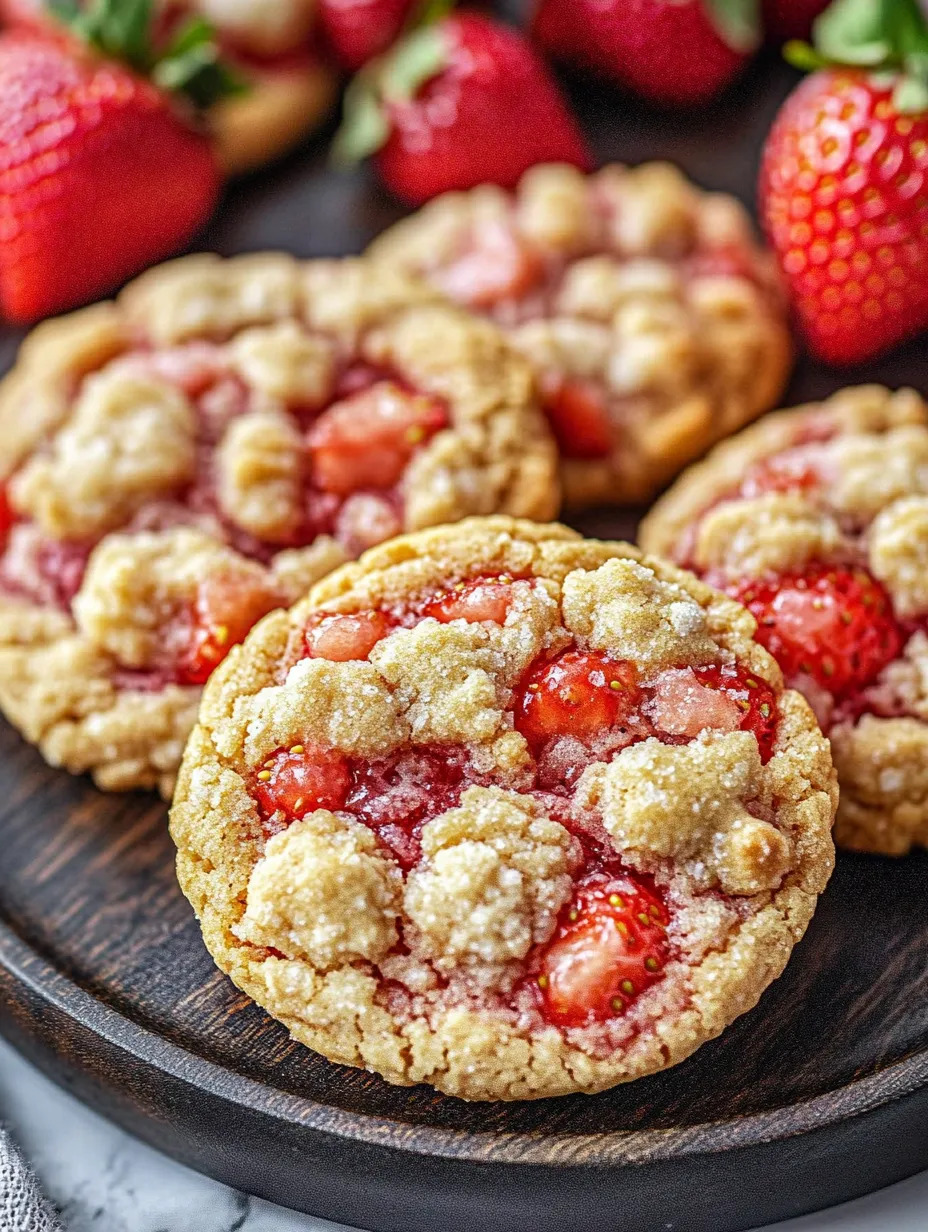 A cookie covered in strawberries with a crunchy shell.