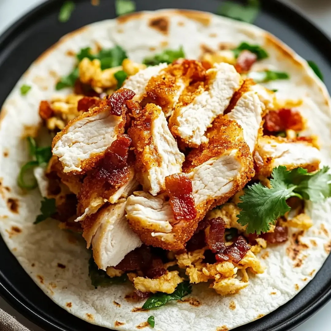 A pile of chicken and bacon sitting on a plate.