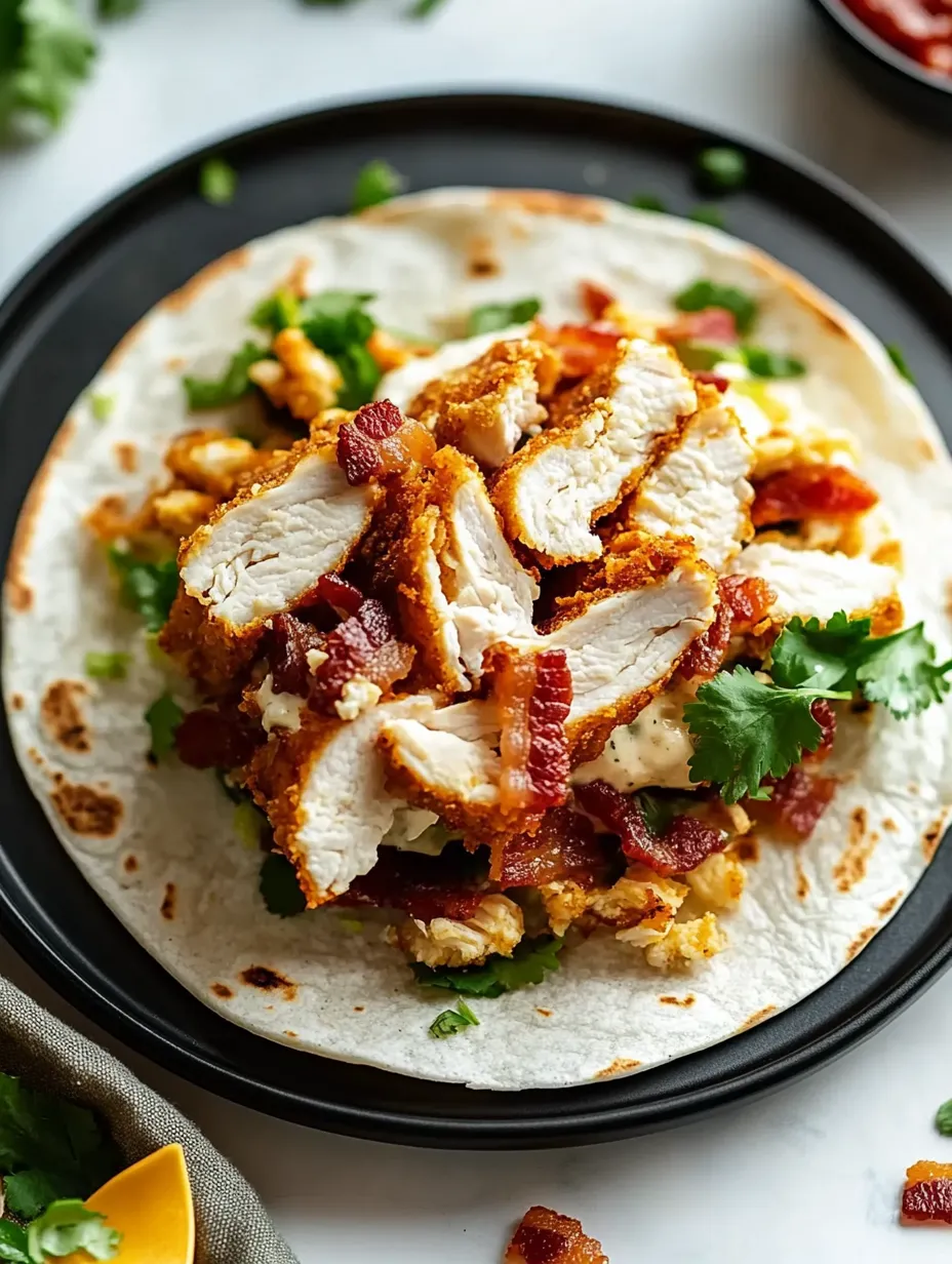Tortilla stuffed up with chicken and bacon, about to be wrapped.