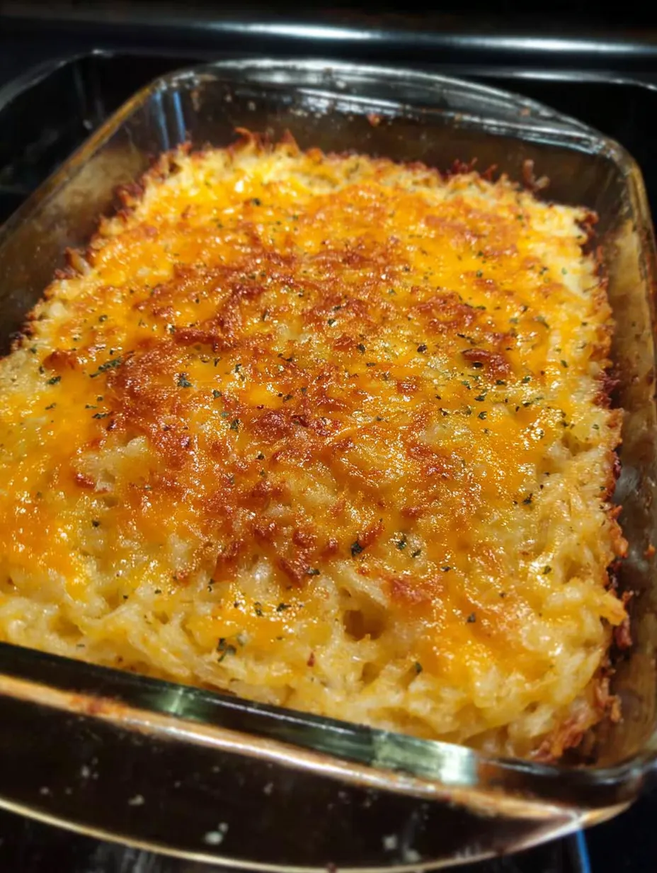 A pan filled with cheesy potato hash browns.