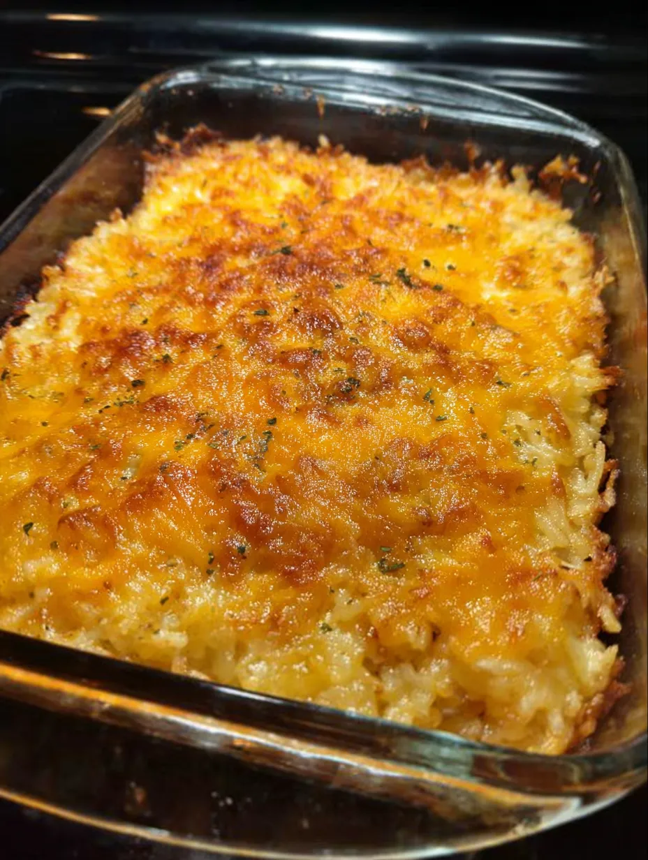 Cheesy potato casserole hot from the oven.