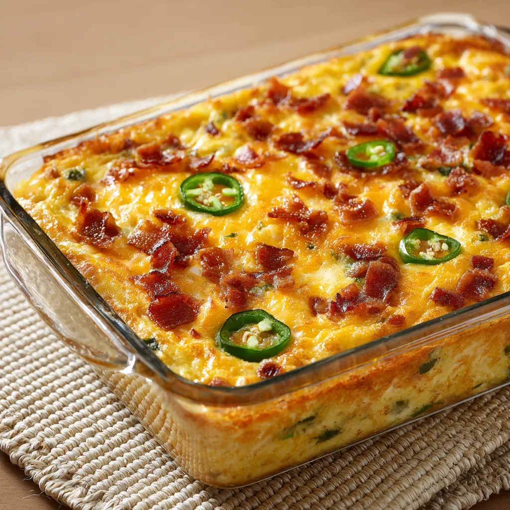Breakfast topped with bacon and peppers.