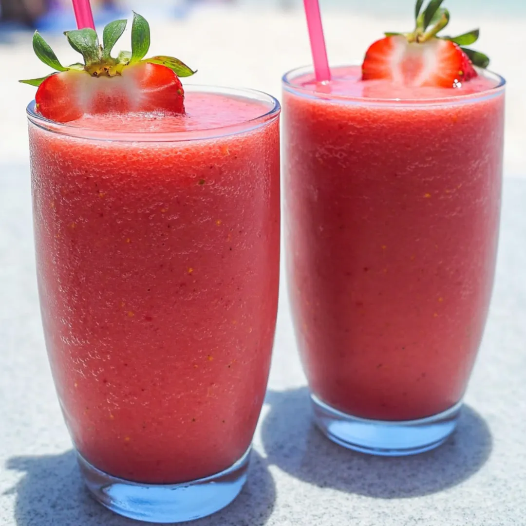Two chilled glasses filled with frosty strawberry drinks.