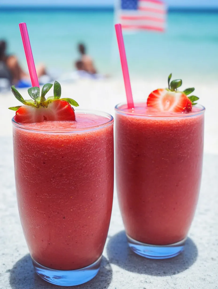 Two glasses filled with strawberry lemonade smoothie.
