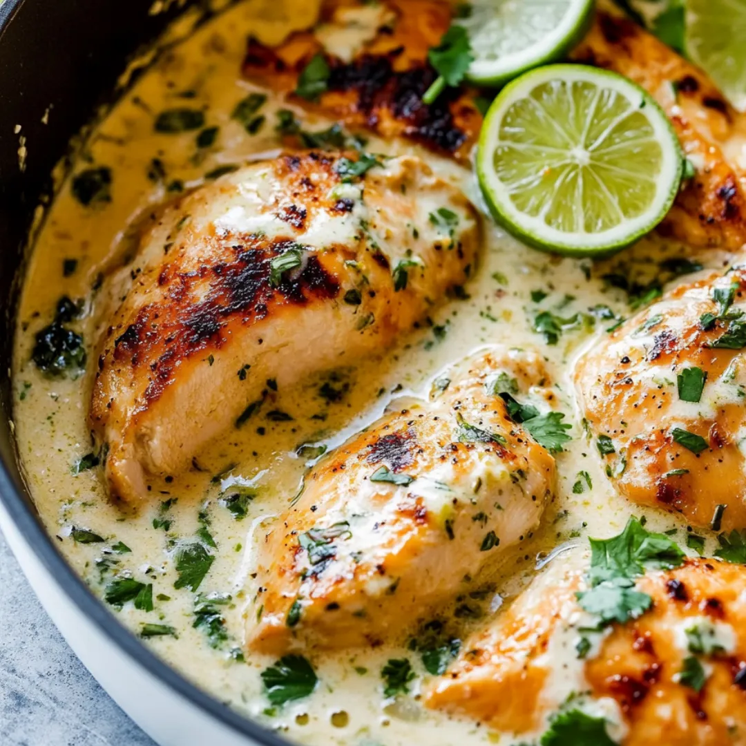 Bowl of chicken with fresh cilantro and lime wedges on top.