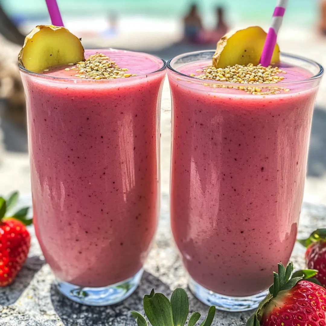 Two glasses filled with a pink strawberry drink.