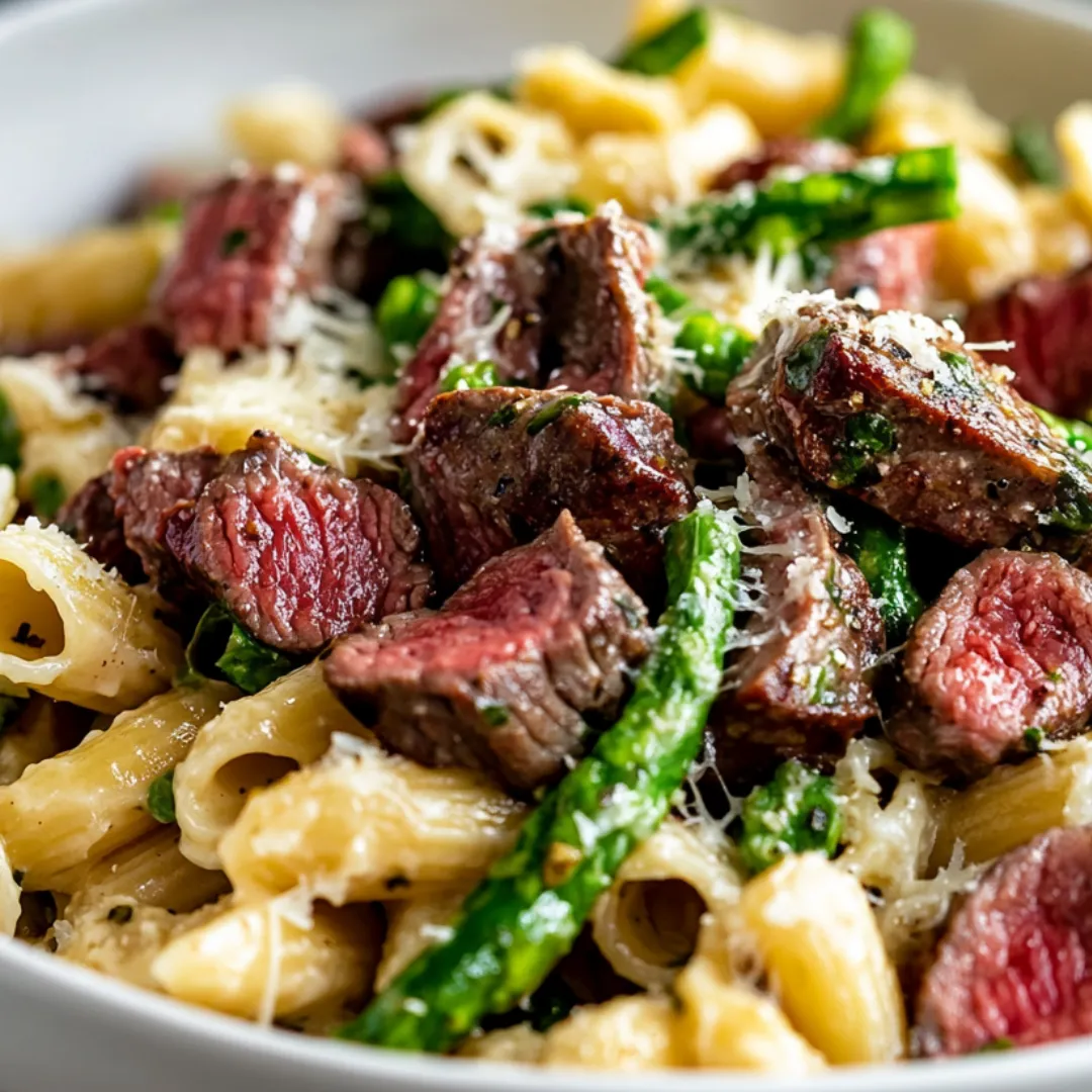 Bowl loaded with pasta, steak, and fresh asparagus.