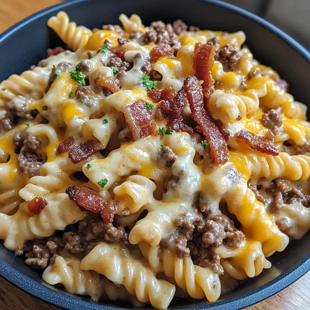 A bowl filled with cheesy beefy pasta.