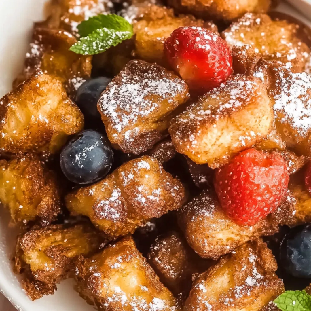 A bowl stuffed with toast bites and juicy fruit on top.