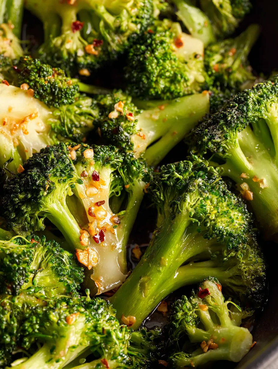 Broccoli with seasonings up close.