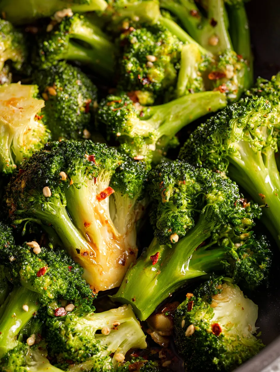 Broccoli topped with seasonings, zoomed in.