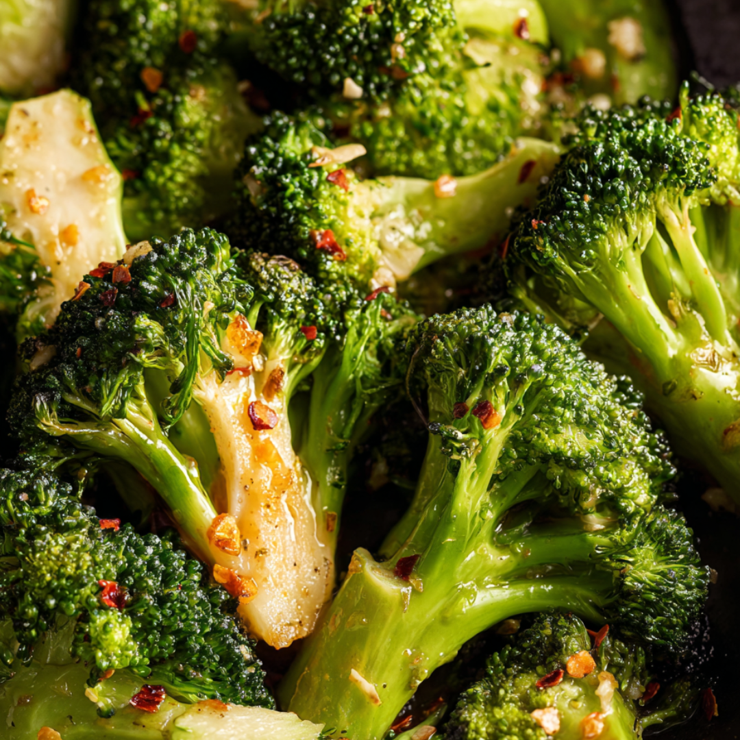 Zoomed-in vibrant broccoli with lots of tasty seasoning.