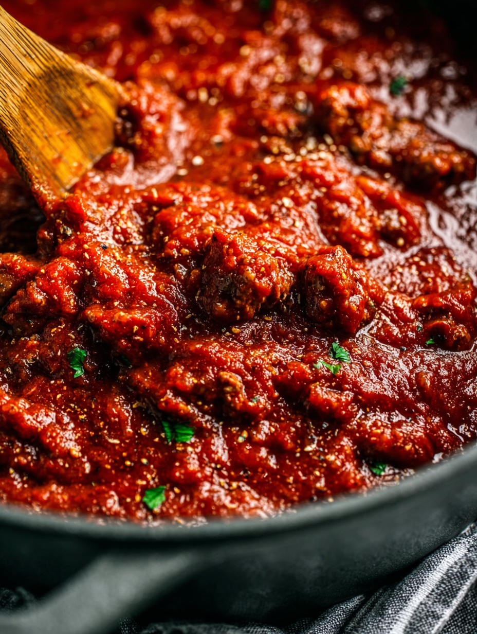 A big wooden spoon in bubbling red sauce.