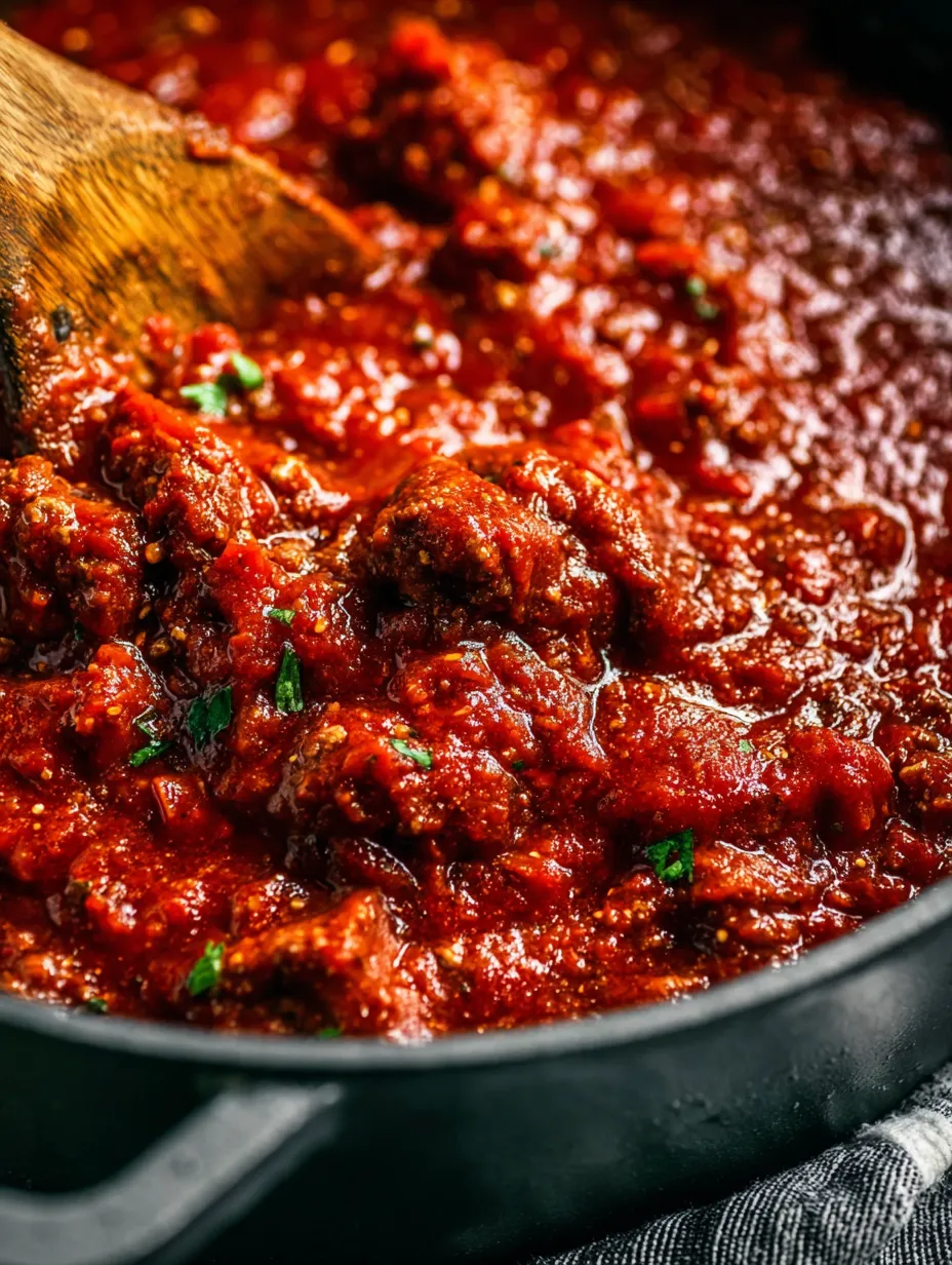A spoon in a bowl full of bright red sauce.