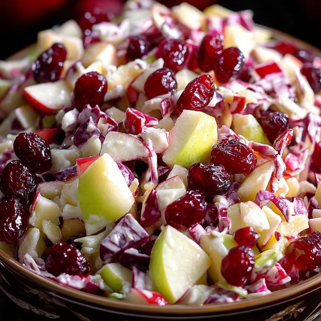 A bowl full of apple cranberry slaw showing plenty of fruit and cabbage.