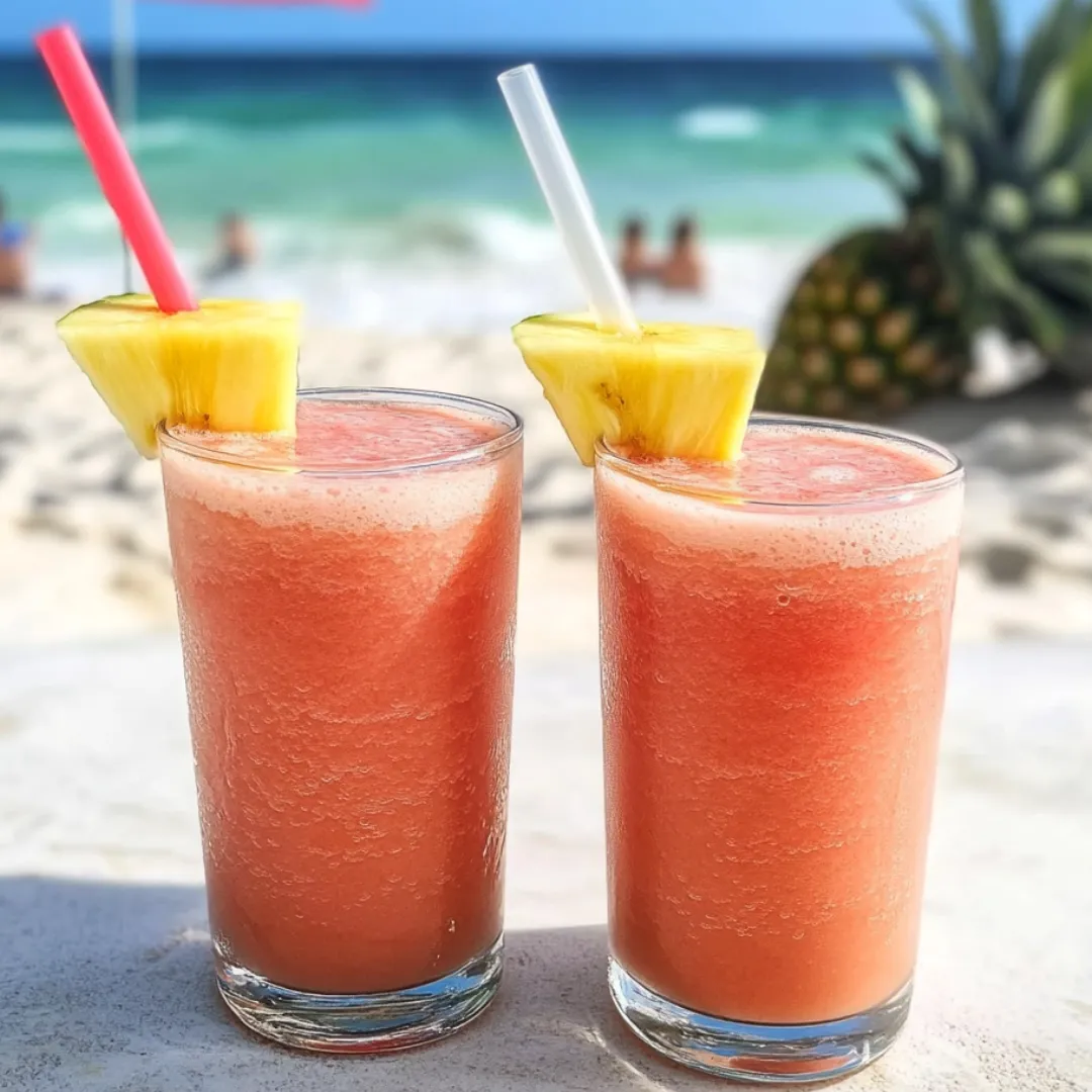 Two glasses filled with a pink, frosty drink on a table.