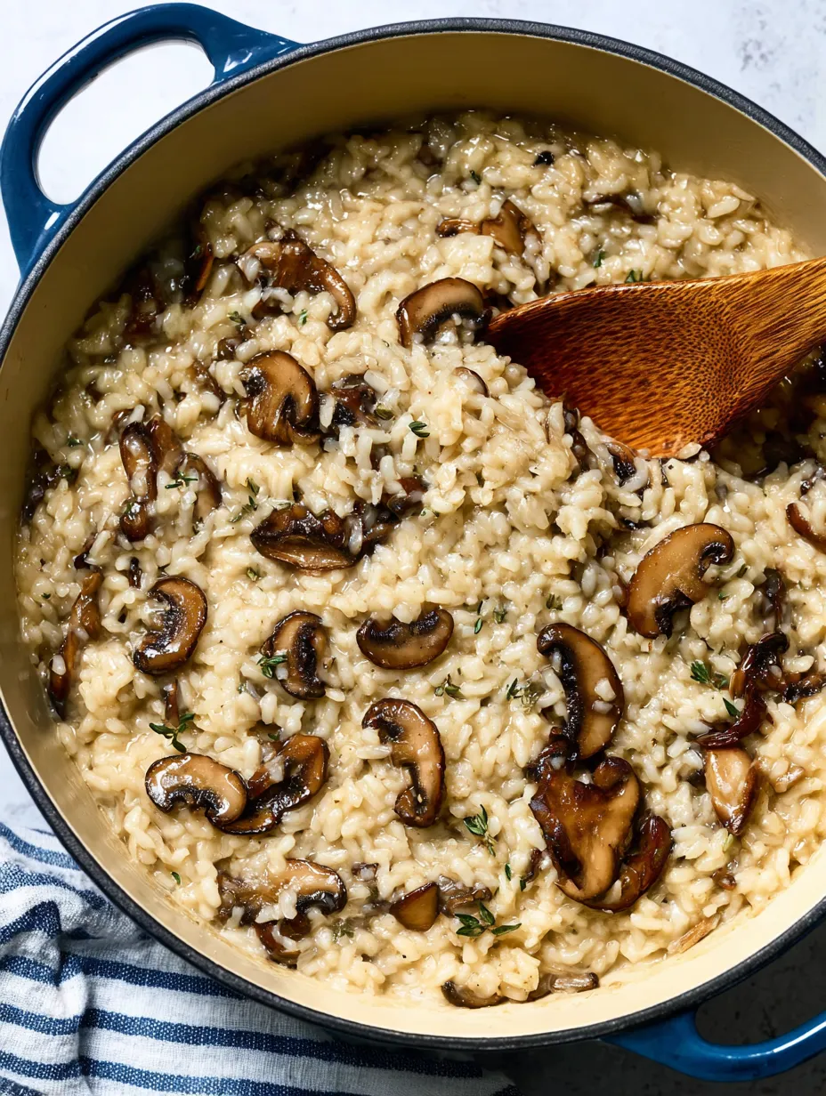 A bowl of rice with mushrooms and herbs.