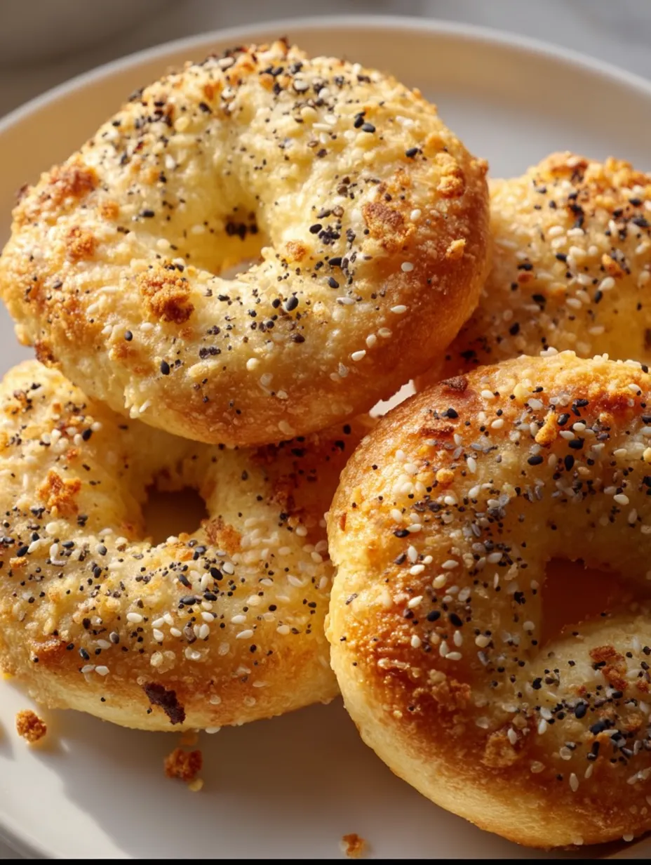 Plate stacked high with bagels dusted with sesame seeds.