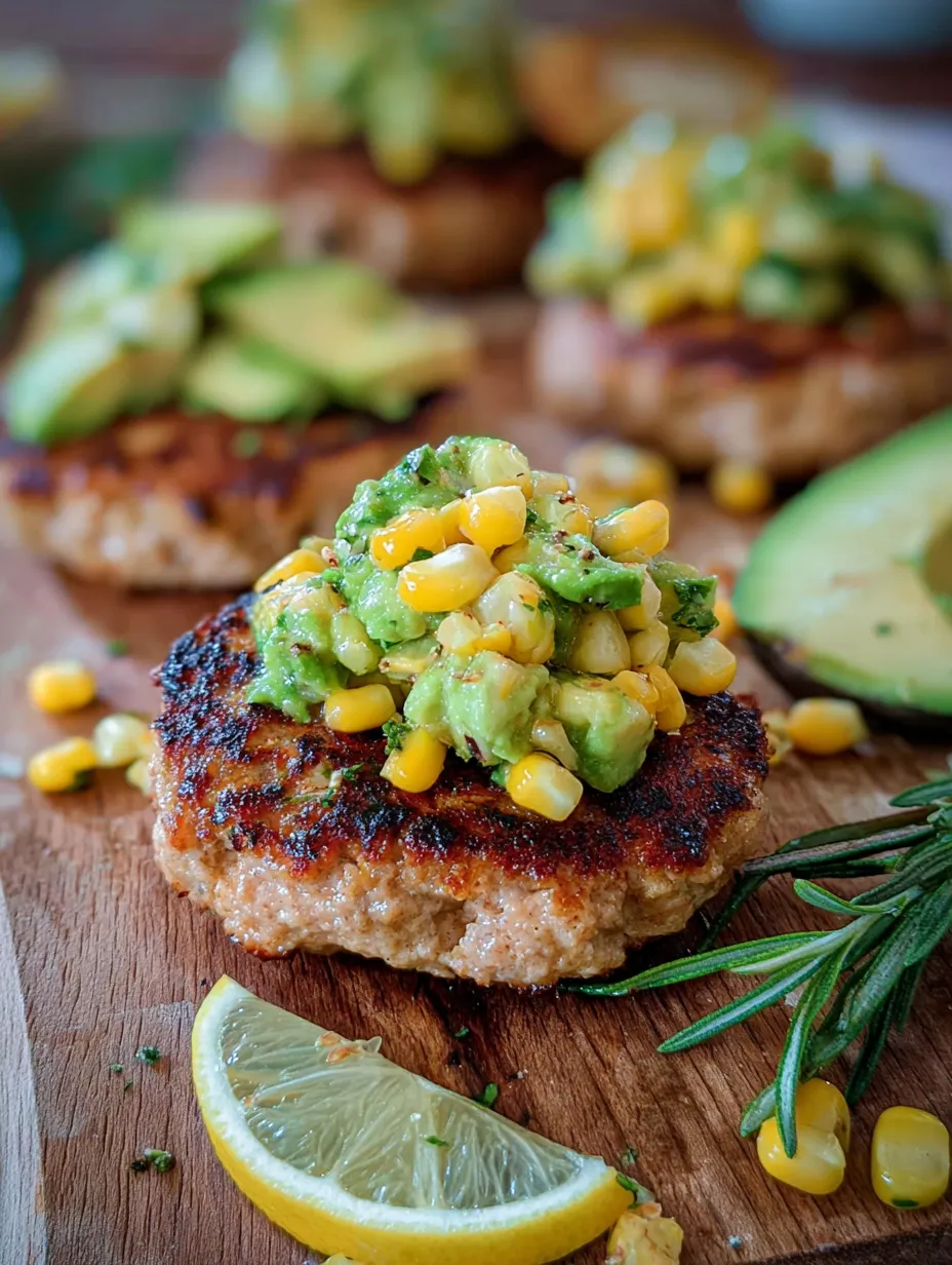 A chicken burger topped with avocado and corn.