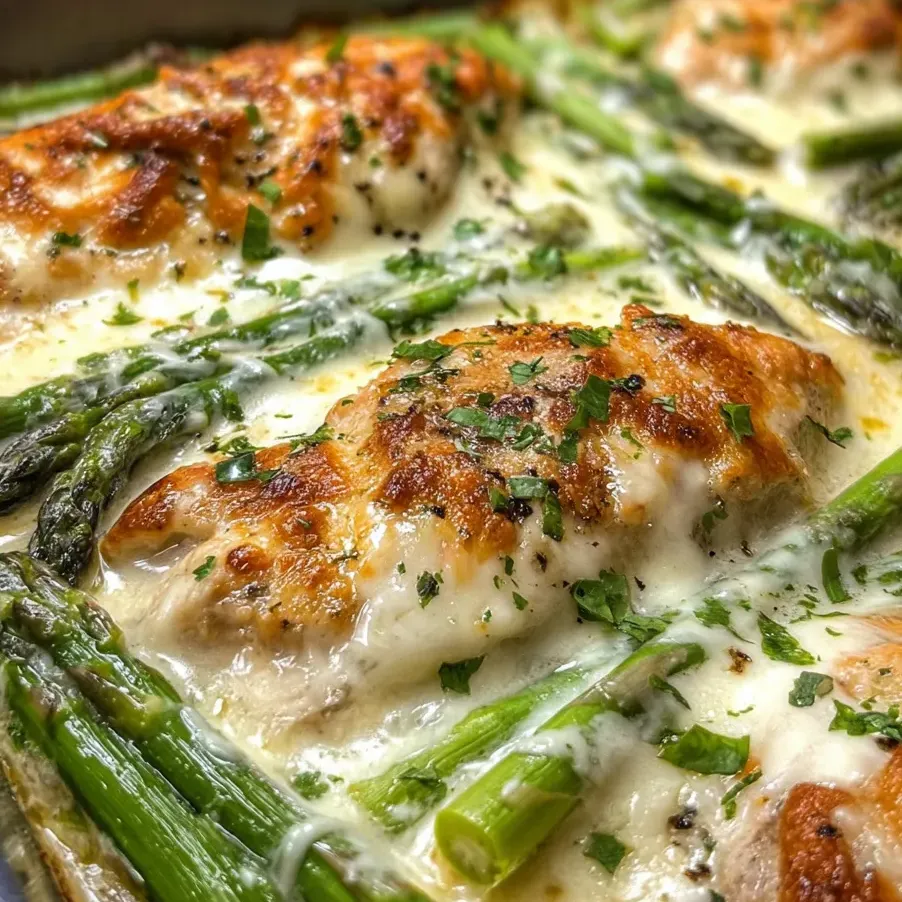 Cheesy chicken and asparagus together in one pan.