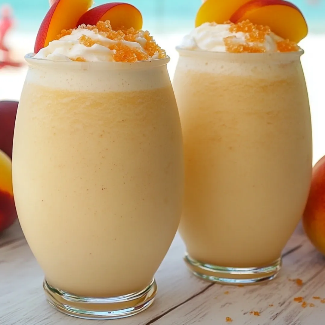 A pair of peach milkshakes in glasses.