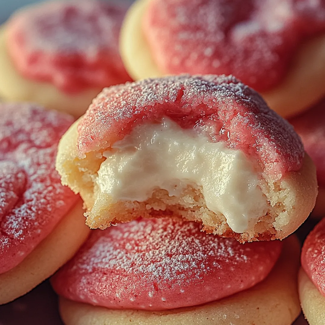 A cookie up close with cream cheese ribbons and bright strawberry pieces showing.