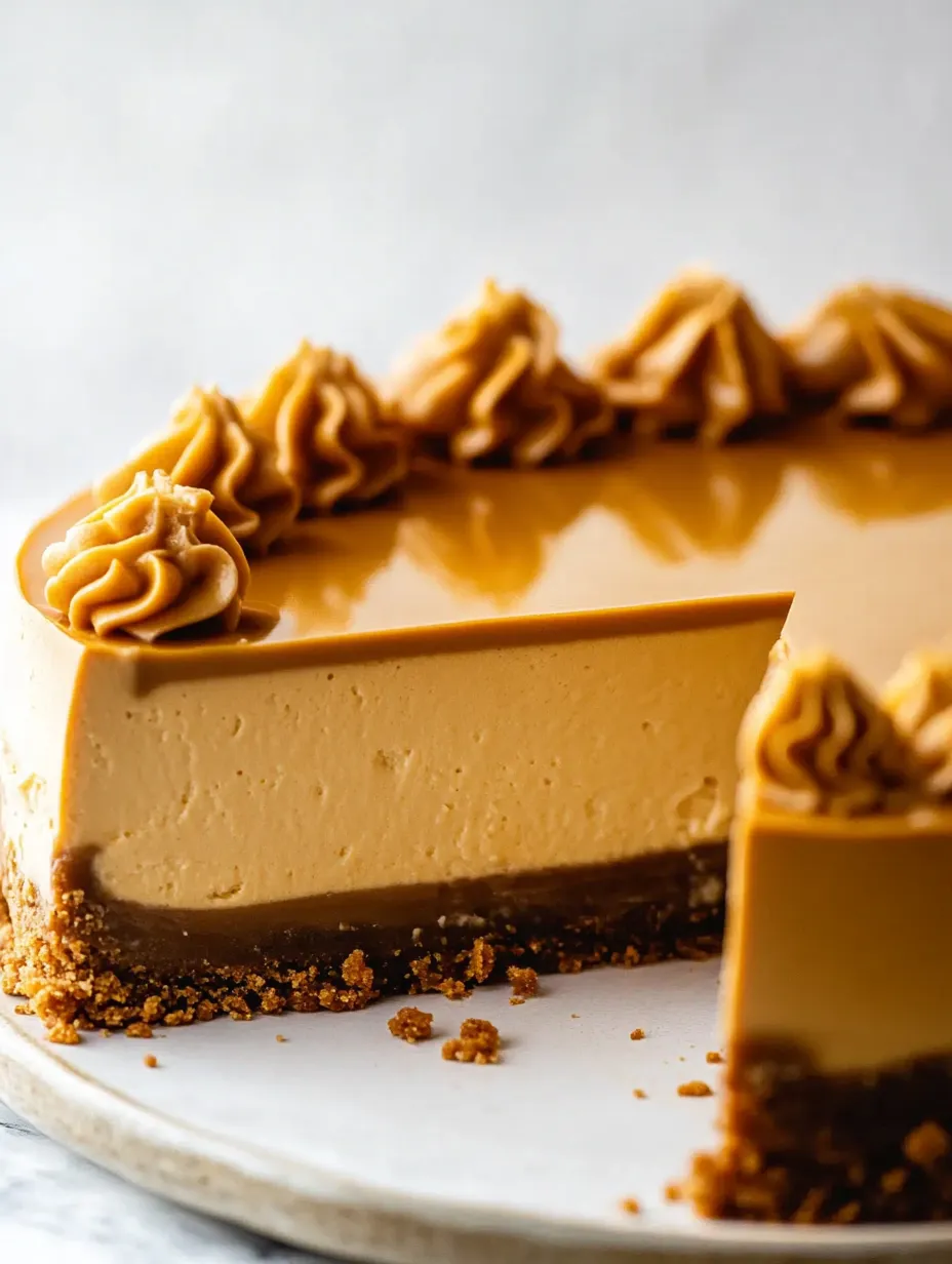 A layered caramel-flavored cheesecake slice loaded with whipped cream.