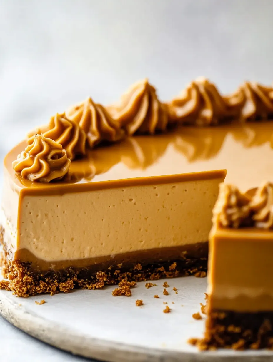 Thick caramel cheesecake slice drizzled with caramel sauce.