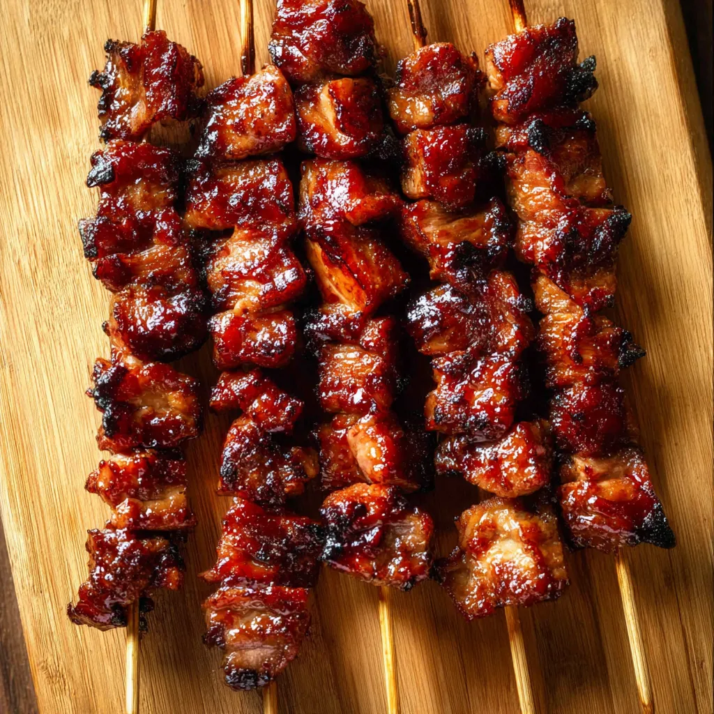 A wooden plank holding smoky grilled chicken skewers.