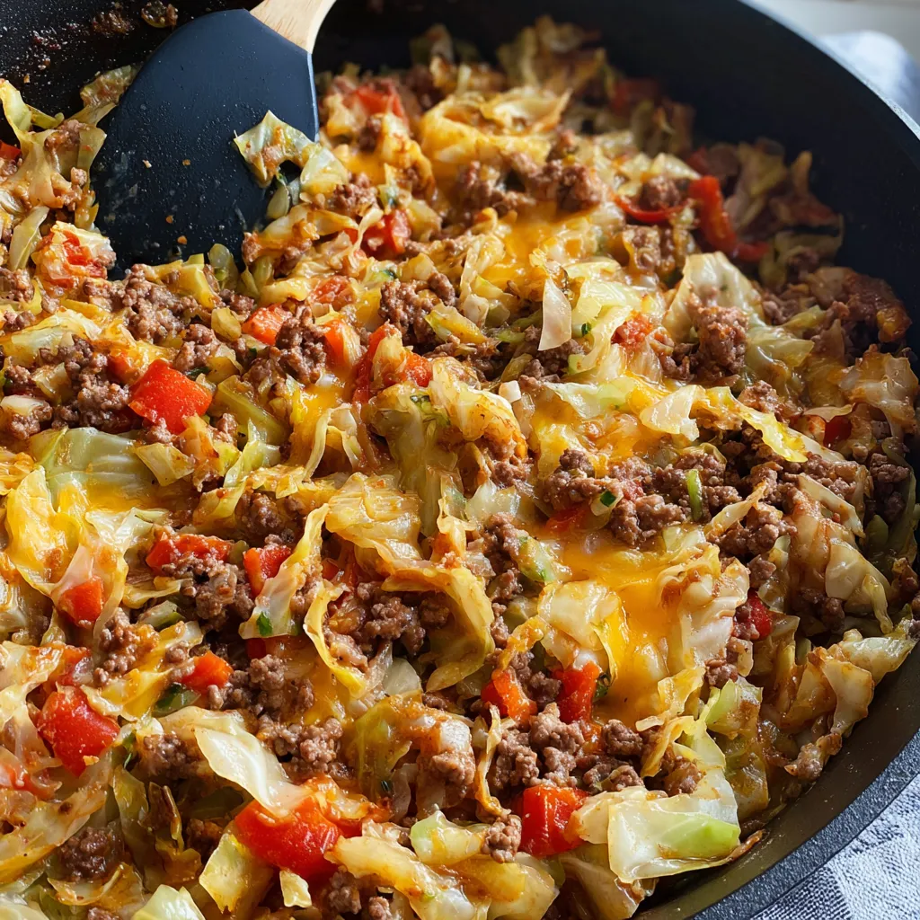 Wooden spoon stirring a big pan of cheesy beef and cabbage.