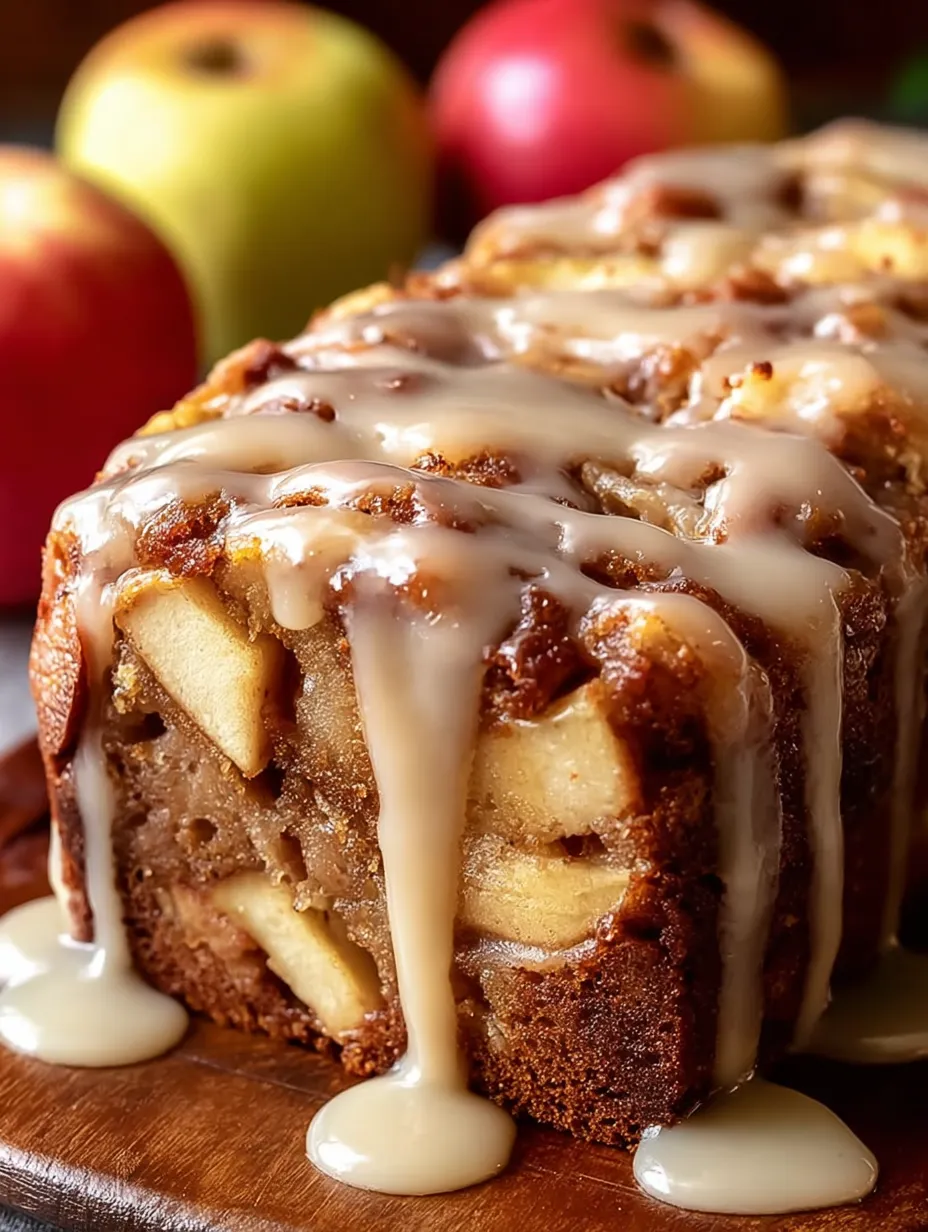 A round cake piled with apple slices and gooey caramel.