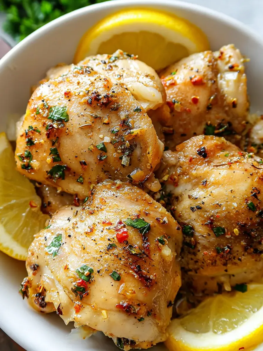 Chicken pieces in a bowl with slices of lemon.