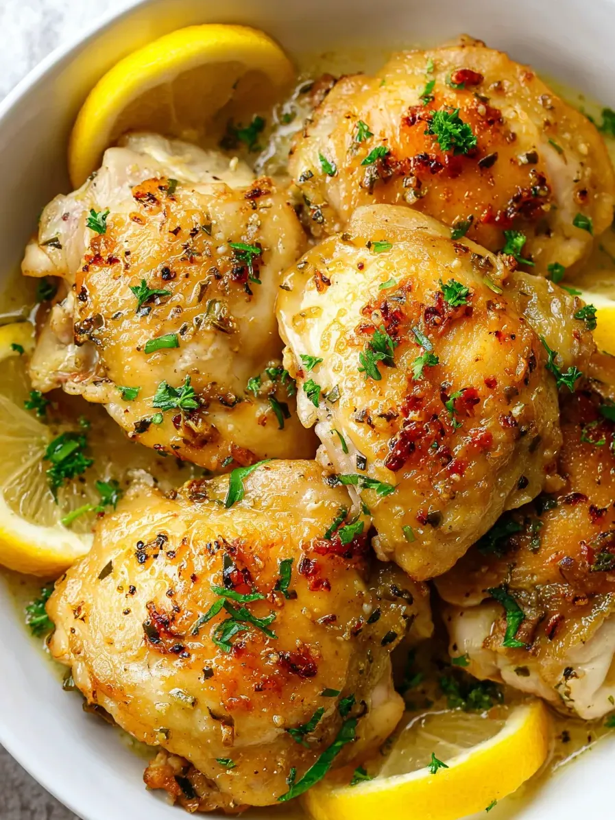 Chicken mixed with herbs and lemon slices.
