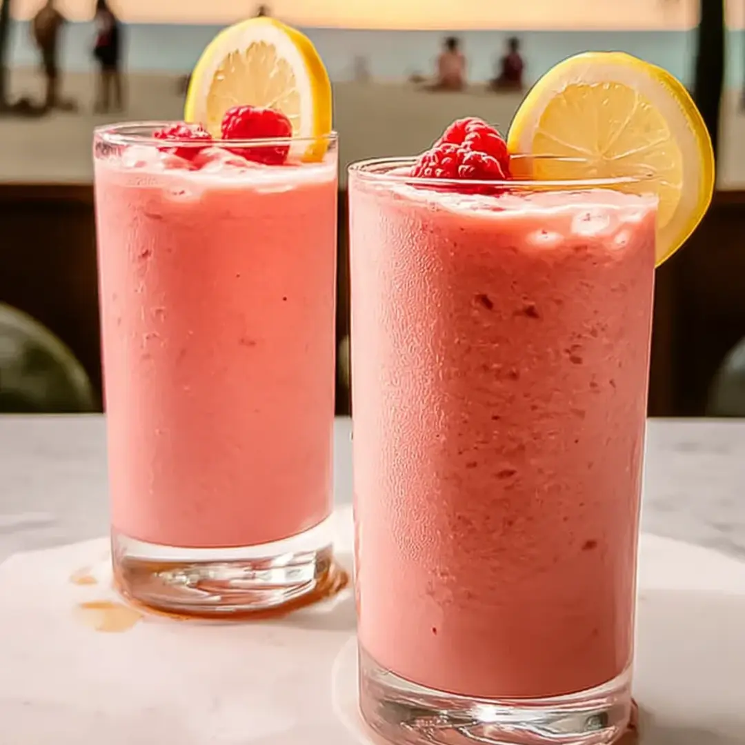 Pink lemony drinks in two glasses, topped with lemon slices.