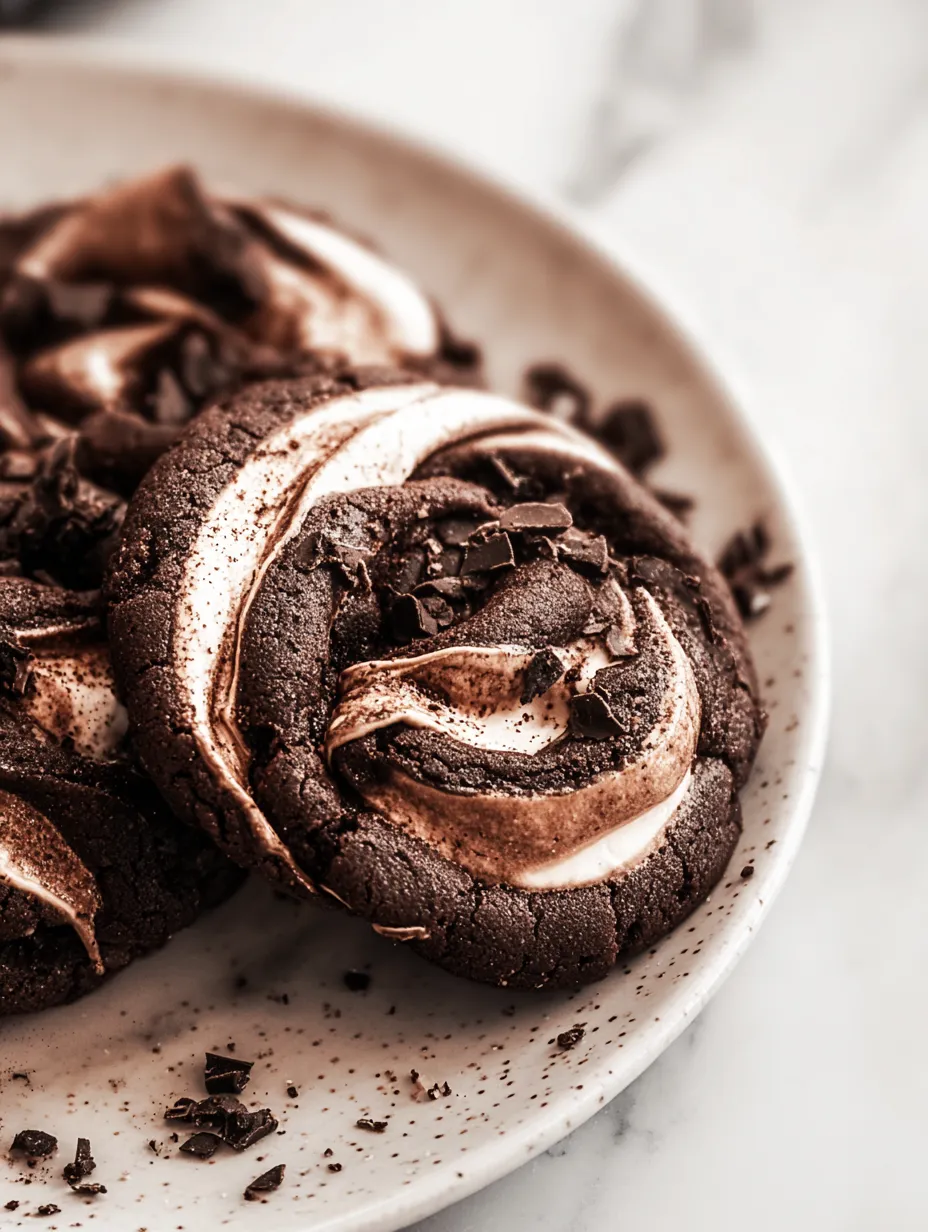 Chocolate cookies with messy white swirls, stacked on a plate.