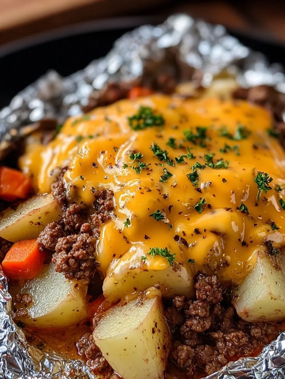 A close up of a cheesy burger and veggie meal wrapped in foil.